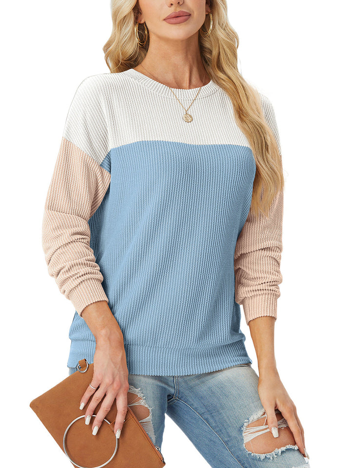 Women's Crewneck Color Block Ribbed Tops