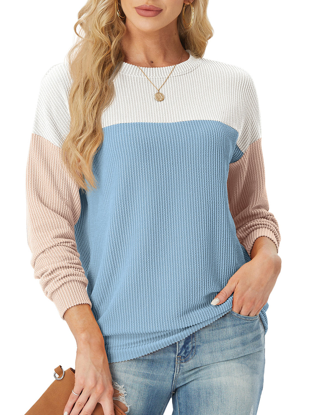 Women's Crewneck Color Block Ribbed Tops