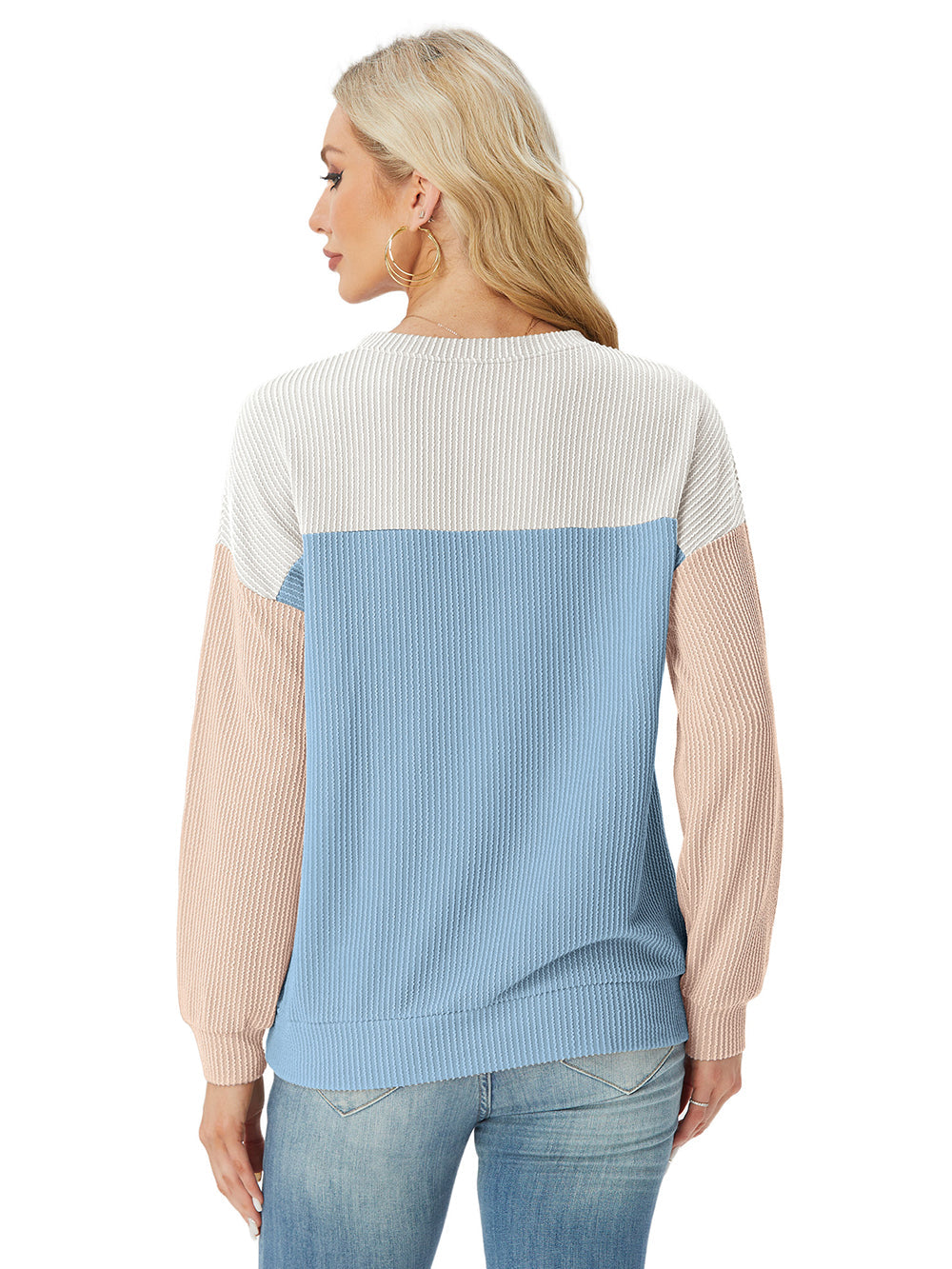 Women's Crewneck Color Block Ribbed Tops