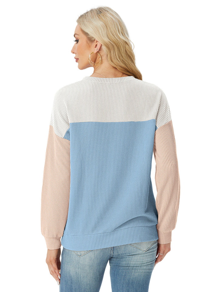 Women's Crewneck Color Block Ribbed Tops