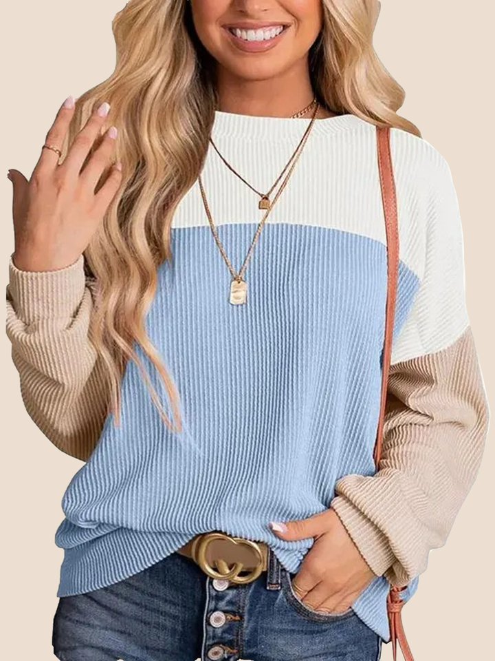 Women's Crewneck Color Block Ribbed Tops